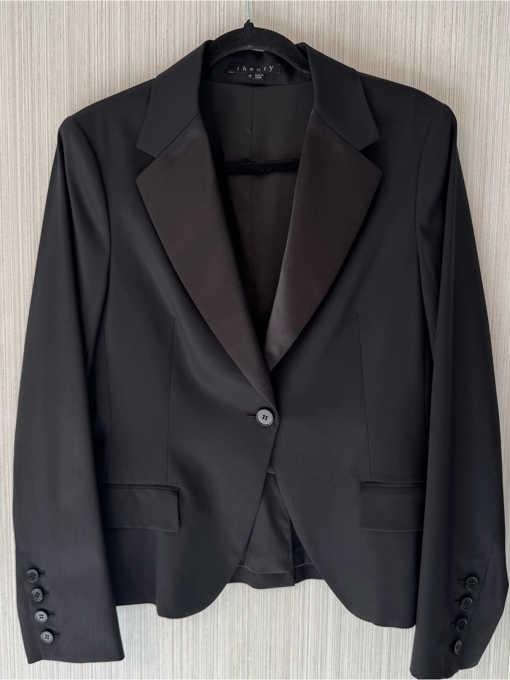 $495 Theory Satin Lapel Black Wool Blazer Tuxedo Evening Cocktail Size 12